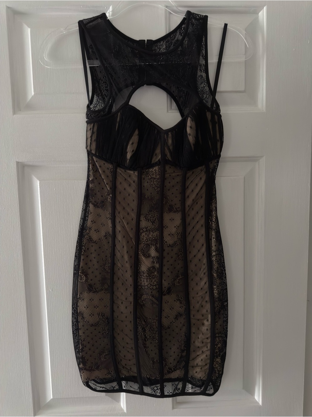Bebe Black Sheer Lace Corset Bodycon Mini Dress XS Mesh Illusion